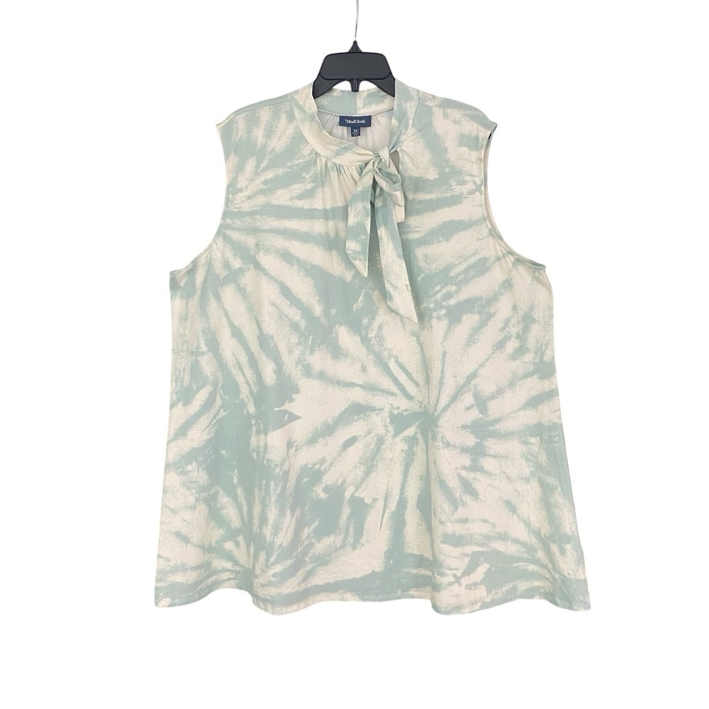 ModCloth Women's 3X Light Blue Ivory Dye Sleeveless Tie Bow Neck Tunic Top